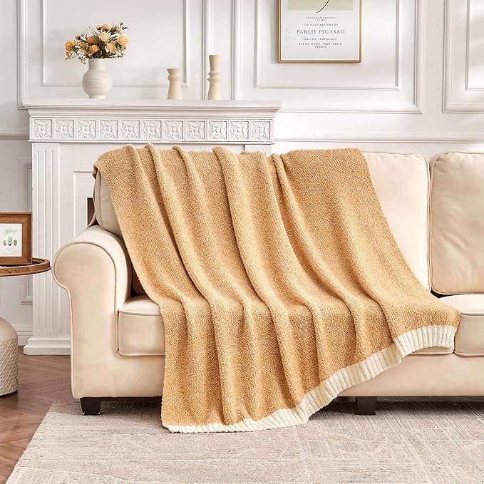 CozeCube Super Soft Fullfy Microfiber Reversible Knitted Blankets, Warm Cozy Fuzzy Plush Throw, Orange and White Melange Throw Blanket for Couch Bed Sofa, 50" x 60"