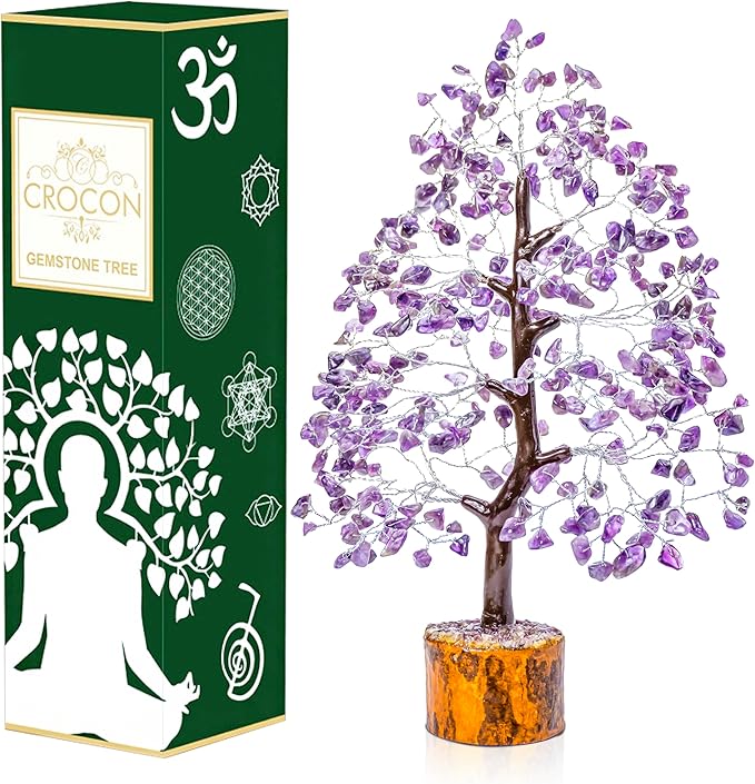 Crocon Amethyst Gemstone Tree Feng Shui Figurine Money Bonsai Good Luck Chakra Balancing Reiki Healing Crystals Decoration Ornament Sculpture Prosperity Table Decor Gift Size 10-12\
