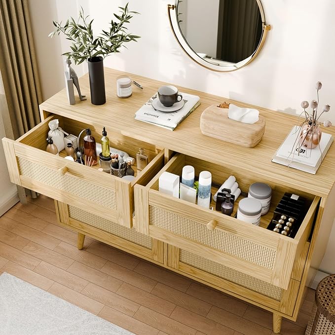 6 Drawer Storage Rattan Dresser, Boho Dresser Chest for Bedroom Hallway Living Room, Oak