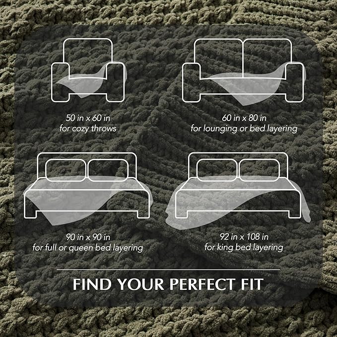 EVERGRACEHOME Chunky Chenille Knit Throw Blanket for Couch, Soft Luxurious Moss Stitch Blankets for Bed, Cozy Decorative Farmhouse Knitted Throws for Sofa, Olive Green, 60" x 80"