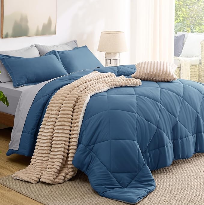 Bedsure Full Size Comforter Set - 7 Pieces Reversible Slate Blue Bedding, Full Size Bed Set for All Seasons, Bed in a Bag with Down Alternative Comforter, Sheets, Pillowcases & Shams