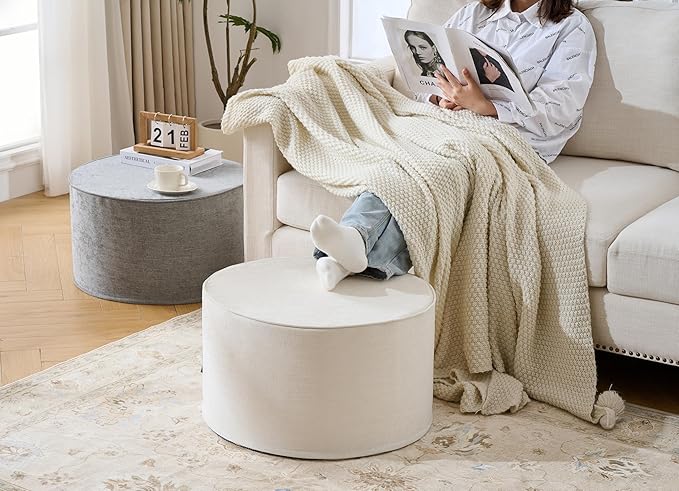 Large 22" Sturdy Ottoman Pouf for Living Room, Bedroom, Playroom, High Density Foam Filling Footrest, Side Table, Extra Seating Home College Dorm Décor Extra Firm (Beige)