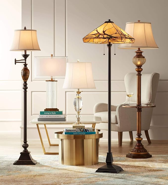 Kathy Ireland Mulholland Rustic Vintage Swing Arm Floor Lamp Standing 61" Tall Bronze Marble Font Ivory Faux Silk Drum Shade Decor for Living Room Reading House Bedroom Home Family Office