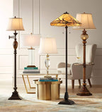 Kathy Ireland Mulholland Rustic Vintage Swing Arm Floor Lamp Standing 61" Tall Bronze Marble Font Ivory Faux Silk Drum Shade Decor for Living Room Reading House Bedroom Home Family Office