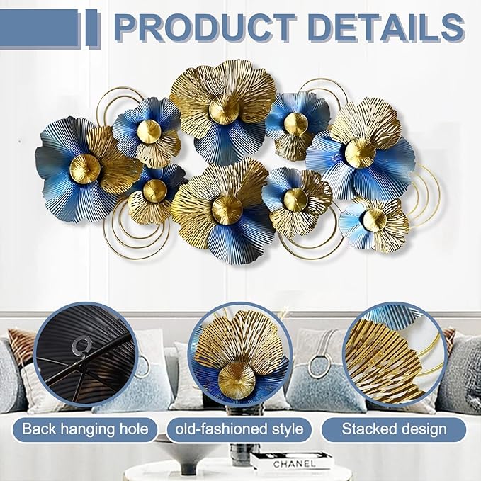 edaknez Metal Wall Art for Living Room, Extra Large Metal Wall Decor, 3D Modern Leaves Wall Decoration, Lotus Flower Wall Hanging Sculpture, for Indoor Outdoor, Blue & Gold (A 130x66x6cm)