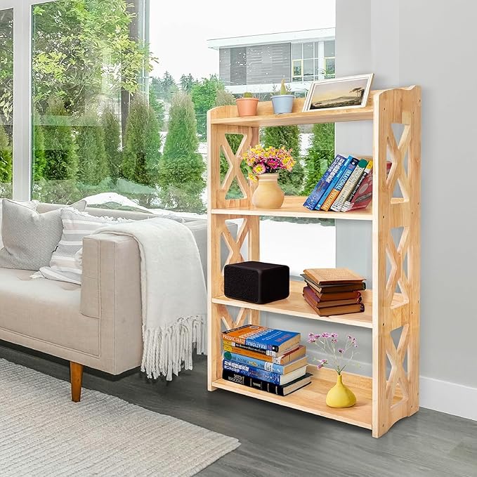 Natural Bookcase by Natural Wood, 4 Tier Bookshelf, Small Book Shelves Freestanding Display Storage Shelves. Open Bookshelf for Bedroom, Living Room and Office (Natural, 4 Tier)