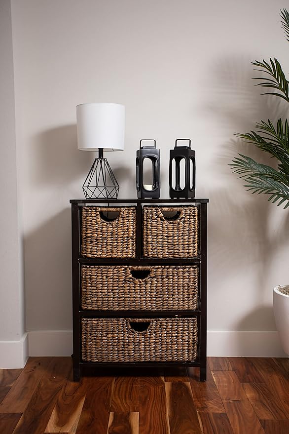 BIRDROCK Home Seagrass Cubby Dresser | 4 Drawer Bins | Decorative Wood Storage Cubbies Shelf Organizer | Industrial Furniture Chest Basket | Espresso
