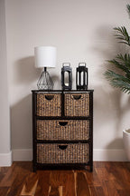 BIRDROCK Home Seagrass Cubby Dresser | 4 Drawer Bins | Decorative Wood Storage Cubbies Shelf Organizer | Industrial Furniture Chest Basket | Espresso