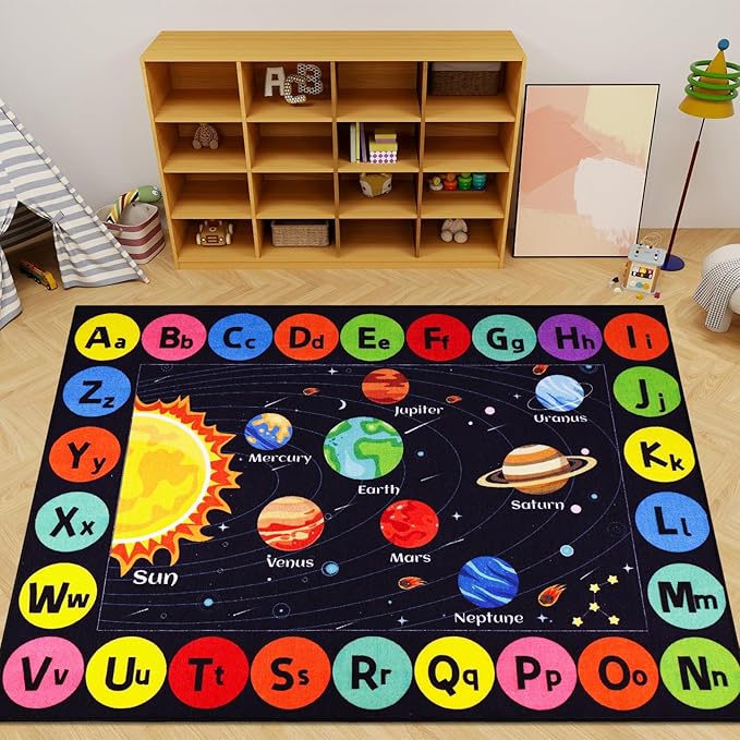 Outer Space Kids Rug Carpet for Playroom, ABC Educational Learning Area Rug, Non-Slip Solar System Road Play Play Rug for Kids Bedrooms, Classroom, Nursery Room Decor (Black, 59X39.4 INCH)