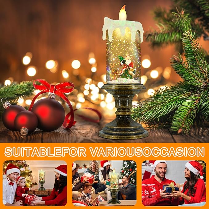 Christmas Flameless Candles, Flickering Flameless Candles with Timer, Christmas LED Candles Battery Operated, Snow Globe Candle Light for Christmas Decorations