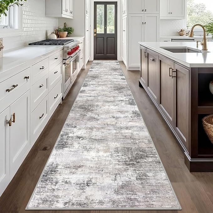 IOHOUZE Abstract Runner Rug 3x20 Ft Extra Long Washable Runners for Hallways, Non Slip Kitchen Runner Printed Faux Wool Entryway Runner Indoor, Modern Abstract Floor Carpet for Hall Stair, Grey Beige