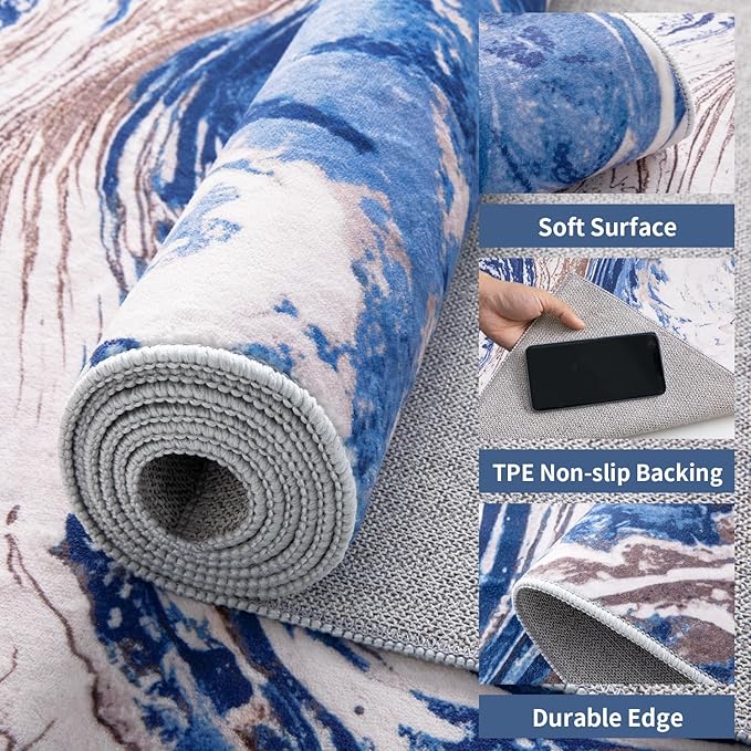 Ciicool Modern Abstract Area Rug 2x3 Washable Small Soft Entryway Rugs, Blue Brown Non-Slip Low Pile Throw Entry Rug, Foldable Kitchen Bathroom Rugs Floor Carpet for Entrance Bedroom Indoor Doormat