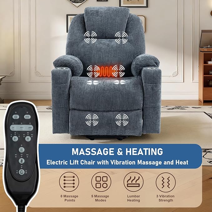 Electric Lift Recliner Chair, Overstuffed Zero-Gravity Recliner with Assisted Standing, Extra Wide Sofa with 8-Point Vibration Massage & Lumbar Heating, Medium-Soft, Blue