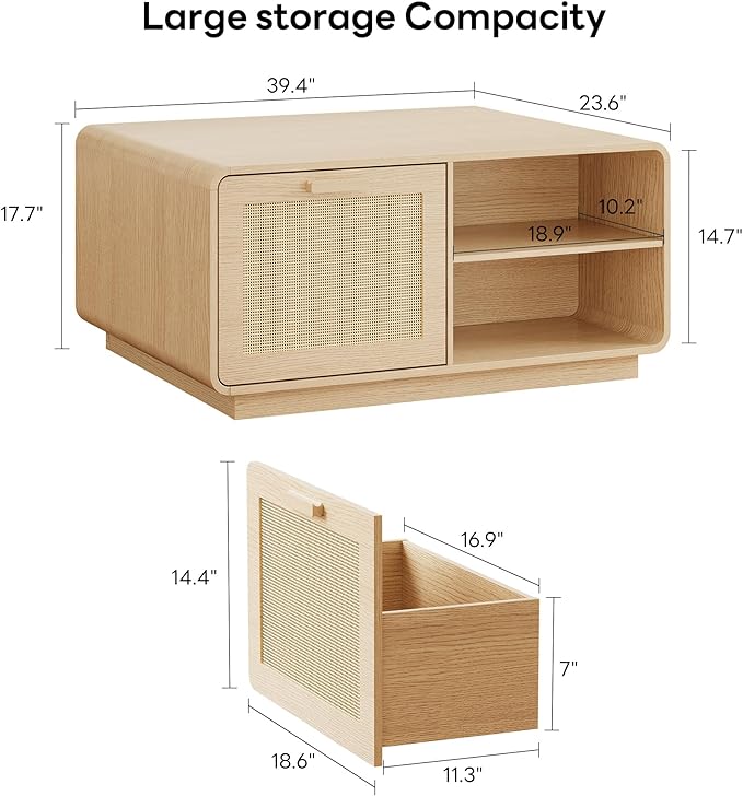 LIKIMIO 39.4" Rattan Coffee Table with Storage Drawers, Safety Curved Corners & 4-Tier Adjustable Shelves, Sturdy Base, Wood Center Table for Living Room, Natural