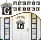 Ultra Large 14'' Last Name All Year Round Front Door Wreath with 26 Initial Letter Welcome Sign All Seasons Eucalyptus Garland and Bow Wreaths for Front Door Porch Farmhouse Decoration (G)