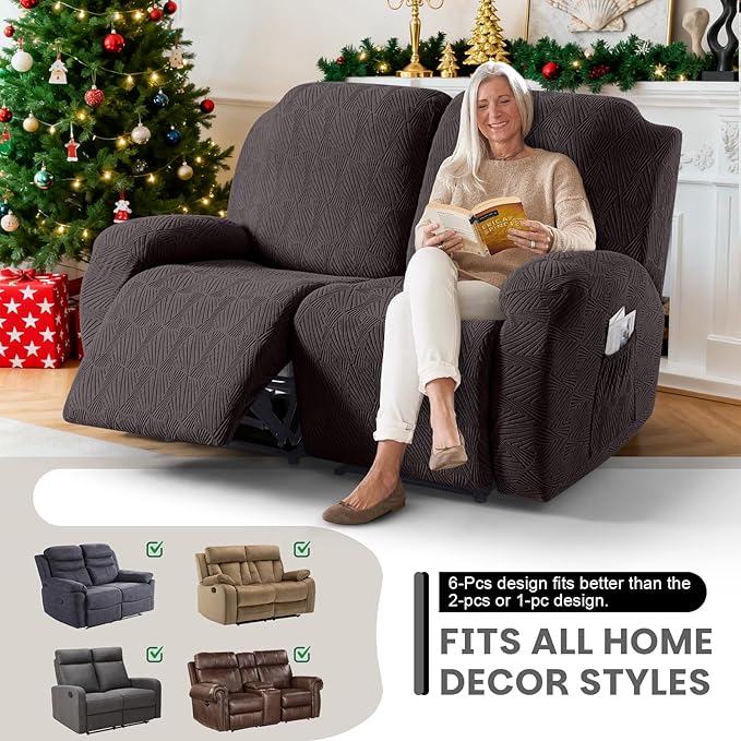 VANSOFY Recliner Loveseat Cover, 6-Pieces Stretch Dual Recliner Sofa Cover Soft Jacquard Reclining Couch Slipcover Furniture Protector with Elastic Bottom for Kid, Pets(2 Seat,Chocolate)