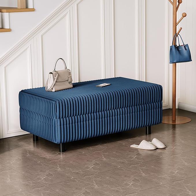 LINSY HOME Sectional Sleeper Sofa Storage Ottoman Bench, Convertible Coffee Table Plush Corduroy Couch Ottoman Footstool for Living Room, Bedroom Entryway and Family Room, Blue