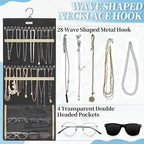 GMAK Hanging Jewelry Organizer with Hanger Metal Hooks, Double-Sided Jewelry Holder Accessories Organizer Storage Roll for Jewelry, Earrings, Bracelets, Necklaces, Rings - Black