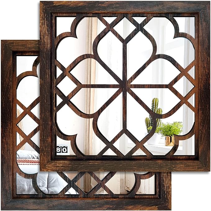Wocred 2 PCS Square Wall Mirror,Gorgeous Rustic Farmhouse Accent Mirror,Caramel Color Entry Mirror for Bathroom Renovation,Bedrooms,Living Rooms and More(12”x12”)