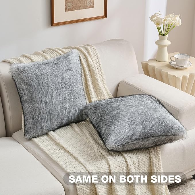 FUTEI Black White Decorative Throw Pillow Covers 18x18 Inch Set of 2,Soft Faux Raccoon Fur Textured Cushion Case,Modern Home Luxurious Decor for Couch Bed Living Room