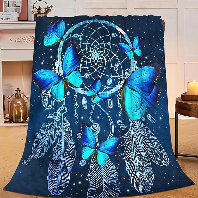 Blue Butterfly Blanket for Womens Girls Dream Catcher Throw Blanket Gifts for Kids Boys Soft Warm Cozy Flannel Blanket for Couch Sofa Bed 60"x80"