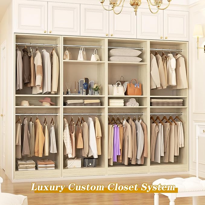 Unikito 100” Closet System, 8.3FT Wood Closet Storage Organizer with 8 Hanging Rods, Adjustable Large Walk in Wardrobe Closet Tower, Sturdy Clothes Garment Rack, Easy Assembly, Set of 4, White Oak