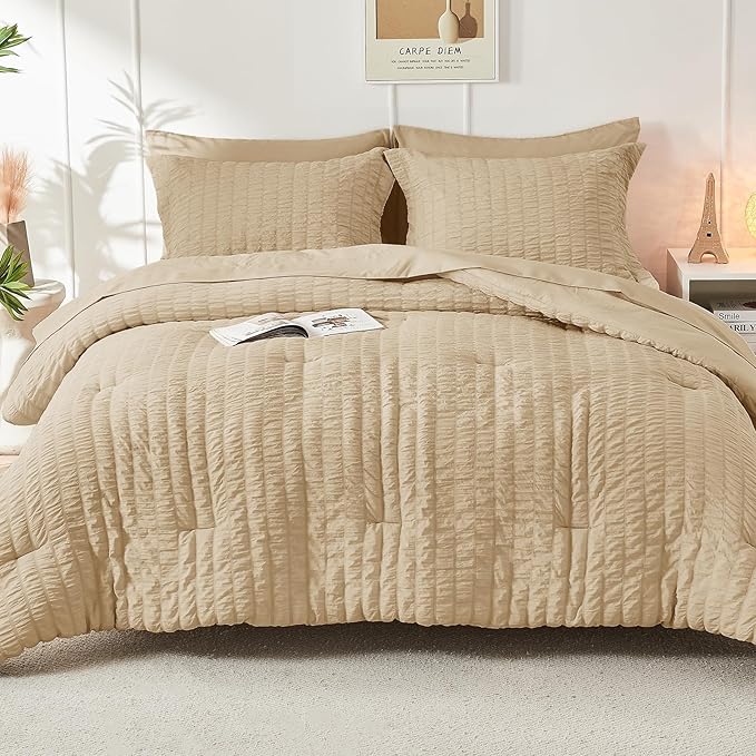 HYMOKEGE Khaki Queen Comforter Set Seersucker 7 Pieces, All Season Luxury Bed in a Bag Queen for Bedroom, Bedding Set with Comforter, Sheets, Pillowcases & Shams