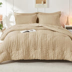 HYMOKEGE Khaki Queen Comforter Set Seersucker 7 Pieces, All Season Luxury Bed in a Bag Queen for Bedroom, Bedding Set with Comforter, Sheets, Pillowcases & Shams