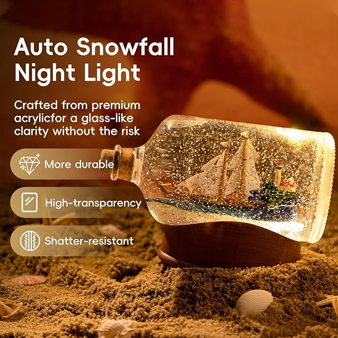 Snow Globe Lantern with Drift Bottle – Shatterproof,8 Songs Musical Box,Automatic Snowfall,Led Light,USB or Battery Powered,for Valentine’s Day Gifts Present Birthday Home Fall Decoration,Transparent