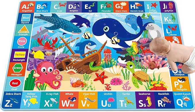 Baby Play Mat for Floor, ABC Kids Play Mat, Sea Animals Kids Rugs for Girls and Boys Playroom, Foldable Rug for Baby Toddler Infants Crawling Playing (Blue, 59X39.4 INCH)