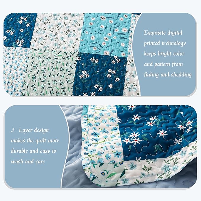 Whale Flotilla Patchwork Quilt Twin Size, Extra Soft Boho Floral Bedspreads for Bed Reversible Lightweight Twin Quilt Bedding Set Printed Coverlets with 1 Pillow Sham for All Seasons, Blue