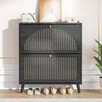 Shoe Storage Cabinet for Entryway with 2 Flip Drawers, Narrow Wood Shoe Cabinet with Fluted Panel, Freestanding Hidden Shoe Organizer for Foyer, Hallway (Black - No Shelf)