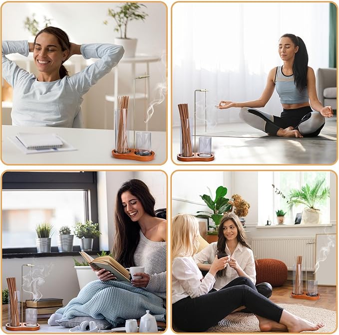 Incense Holder for Sticks,Glass Cups Doesn't Fall Over with Adhesive-Backed Hook and Loop Fastener,2 in-1 Incense Sticks Holder for Meditation, Yoga, Spa,Decor (Dark Wood Base)