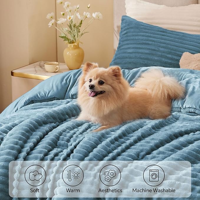 BEDELITE Fleece Twin Comforter Set -Super Soft & Warm Fluffy Blue Fog Bedding, Luxury Fuzzy Heavy Bed Set for Winter with 1 Pillow case