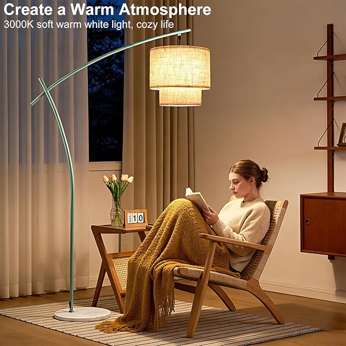 Lightdot Arc Floor Lamp for Living Room, Modern Standing Tall Lamps with Double Linen Lampshade, Tall Hanging Pole Lamp with Bulb Included for Bedroom Sofa Beside/Corner Decor - Grayish Green