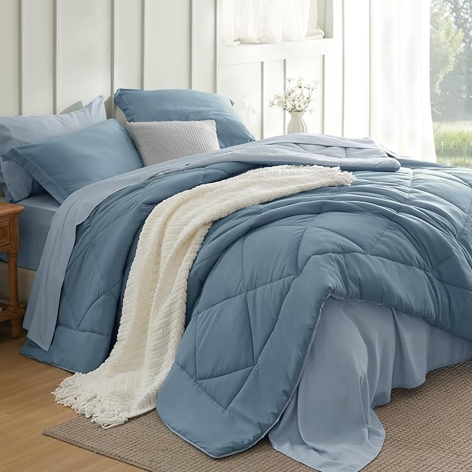Bedsure King Comforter Set - 7 Pieces Reversible Grayish Blue Bedding, King Size Bed Set for All Seasons, Bed in a Bag with Down Alternative Comforter, Sheets, Pillowcases & Shams