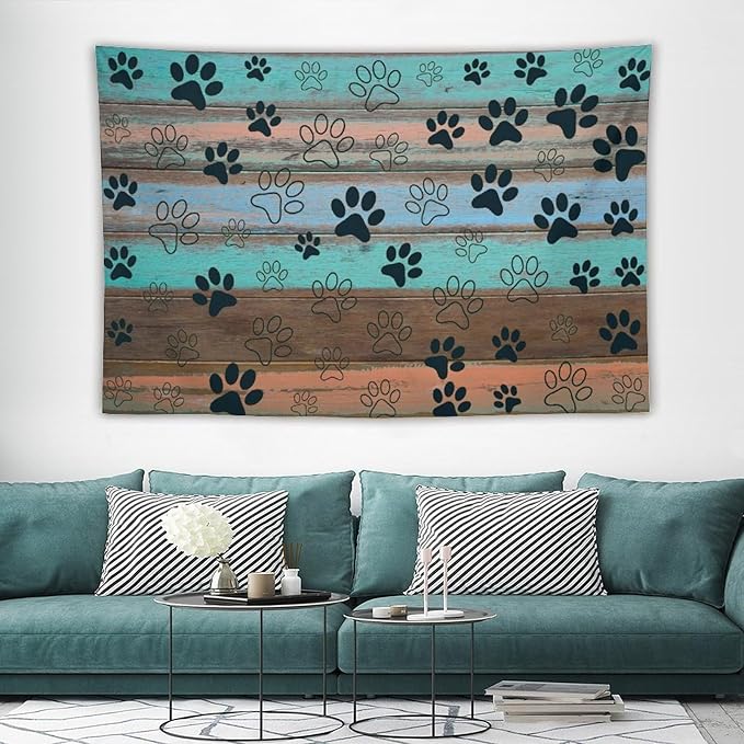 VUMIVI Dog Paw Print Tapestry Rustic Farmhouse Vintage Wood Paneling Home Decor Tapestry Wall Hanging for Living Room Bedroom Dorm Classroom Aesthetic Decor W90xL60in