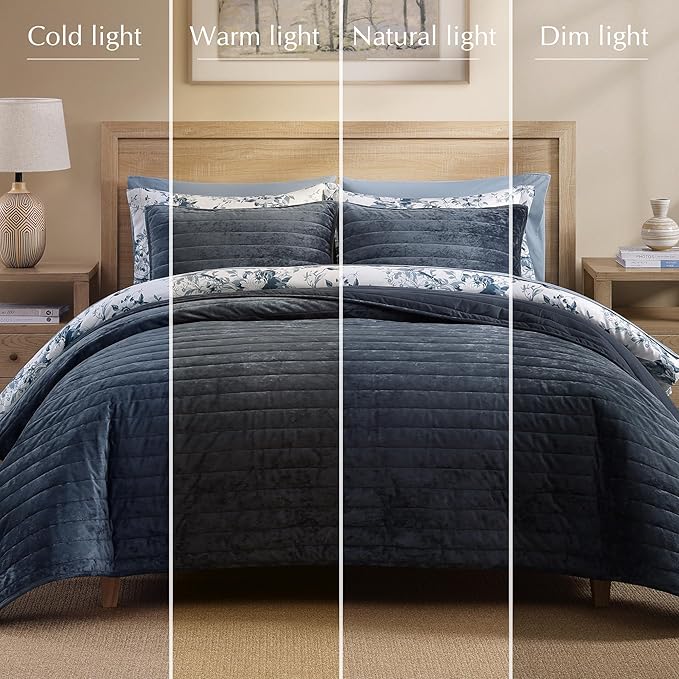 WRENSONGE Velvet Queen Quilt Set-3 Pieces Blue Grey Luxurious Velvet Striped Channel Comforter with 2 Shams, Soft Bedspread Coverlet Quilted Bedding Set for All Season