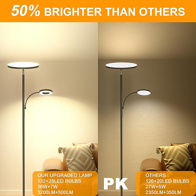 Silver Gray Floor Lamp, 42W 4000LM Super Bright LED Lamp with Reading Light for Living Room Bedroom Office, Dimmable Standing Lamp with Remote & Touch Control