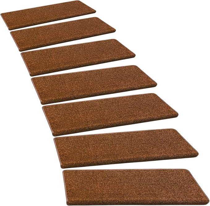 PURE ERA Bullnose Carpet Stair Treads Set Tape Free Non-Slip Indoor Stair Protectors Pet Friendly Rugs Covers Soft Skid Resistant Washable Reusable 9.5" x 30"(2 Pieces,Brown)