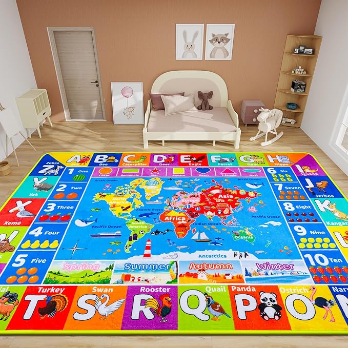 ABC Kids Rug Animals World Map 78.7'x110' Educational Baby Playmat Fluffy Non-Slip Preschool Rug Nursery Room Elementary Learning