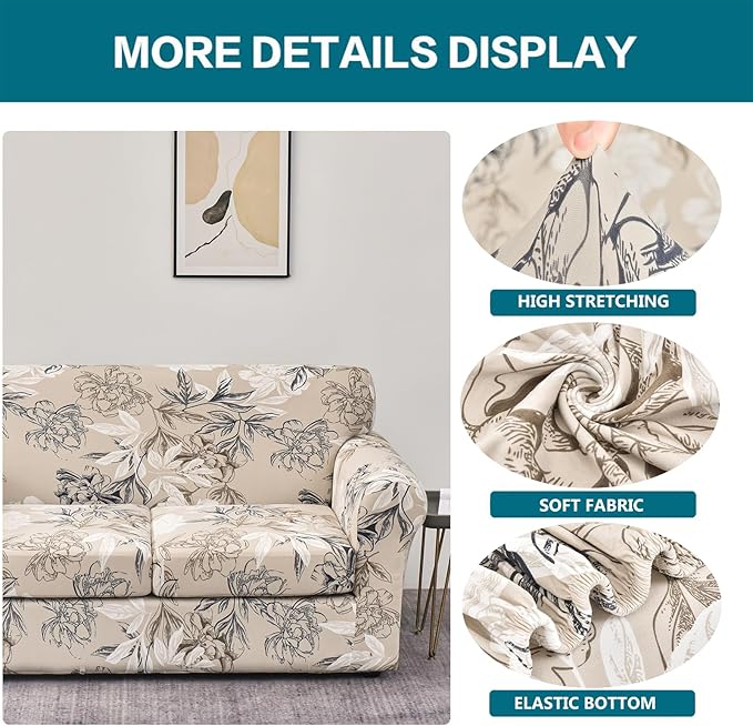 KRFOONN 3 Piece Stretch Sofa Couch Covers for 2 Cushion Couches Printed Sofa Loveseat Slipcover with 2 Separate Seat Cushion Covers Washable Sofa Slip Covers Furniture Protector (Loveseat, 26), Medium