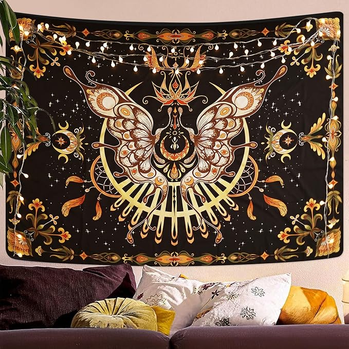 CHDGDHC Butterfly Moth Tapestry,Hippie Floral Aesthetic Wall Tapestries, Psychedelic Aesthetic Decor, Large Tapestry for Bedrooms, Living Rooms, and Dorms-47.64x35.43 Inch
