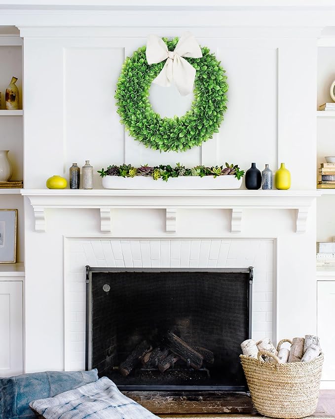 Vlorart 24 Inch Faux Round Boxwood Wreath, Weatherproof Front Door Large Wreaths Artificial Spring Summer Greenery Wreath with Sash for Farmhouse Wedding Year Round Indoor and Outdoor