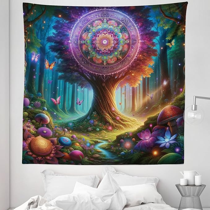 Ambesonne Nature Tapestry Queen Size, Wonderland Forest Tree Trippy Mandala Floral with Butterfly Ensemble Dream, Wall Hanging Bedspread Bed Cover Wall Decor, 88" X 88", Indigo Green Aqua