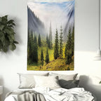 Ambesonne Forest Tapestry, Fir Trees on Meadow Between Hillsides Conifer Woodland in Fog Before Sunrise, Fabric Wall Hanging Decor for Bedroom Living Room Dorm, 30" X 45", Gray Green