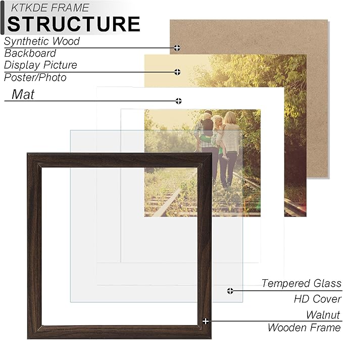 KTKDE 8x8 Picture Frame Real Glass, Display Pictures 4x4 with Mat or 8x8 Without Mat, Modern Style Wood Composite Frame,Gallery Wall Walnut Frame & Table Top Display，best gift