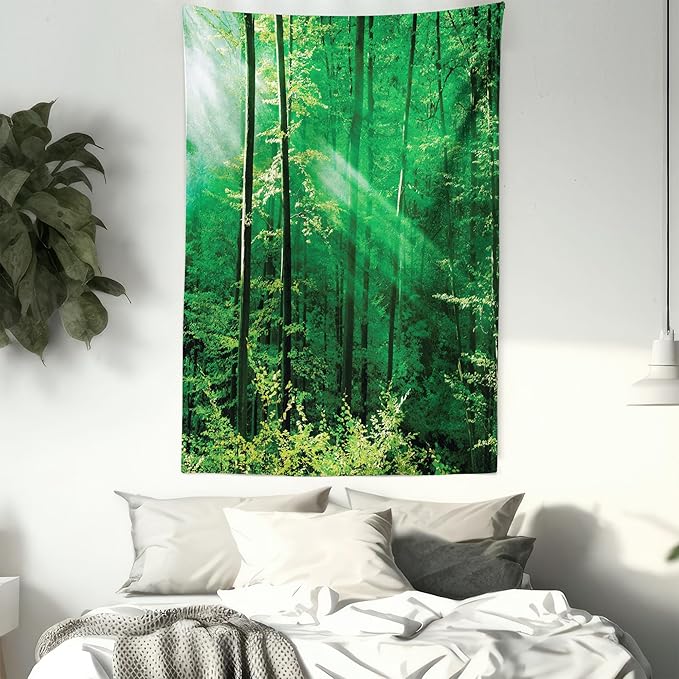 Ambesonne Forest Tapestry Twin Size, Sun Rays Bursting into the Forest Trees Foliage Misty Morning Serenity Picture, Wall Hanging Bedspread Bed Cover Wall Decor, 68" X 88", White and Green