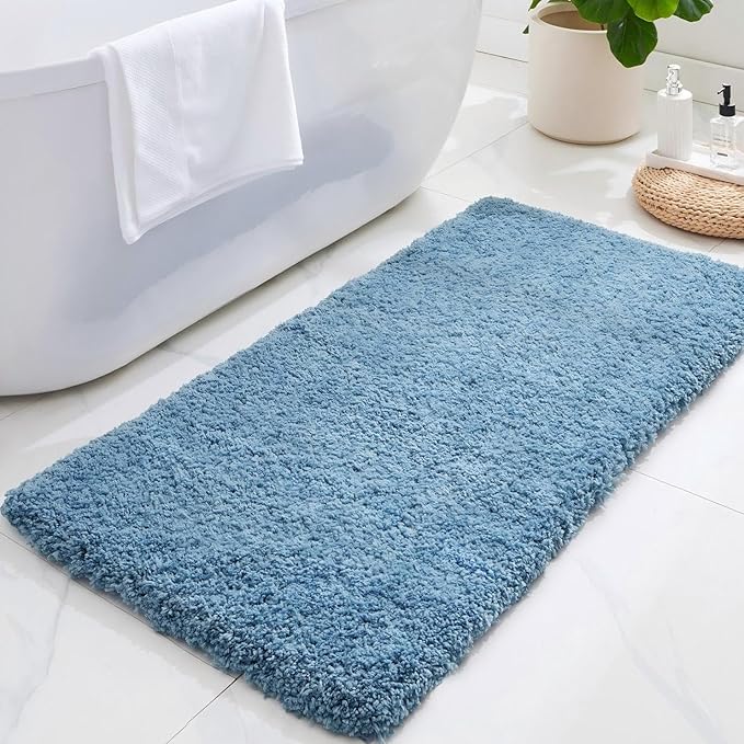 ILANGO Blue Bathroom Rugs 60" × 24" Non Slip & Super Absorbent Extra Thick Soft, Washable Bath Carpet Runner for Floor, Microfiber Plush Shaggy Bath Mats with Rubber for Bedroom Bathtub Shower Room