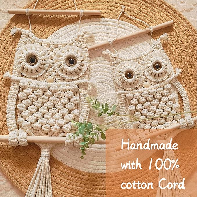 Cilkus Owl Macrame Wall Hanging – Handmade Boho Macrame Wall Decor, Macrame Wall Art Tapestry, Boho Wall Hanging Owl Decor for Bedroom, Living Room, Nursery – Beige (Beige-Large)